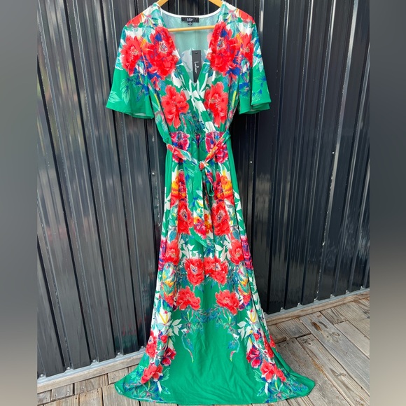 Lulu’s Still in Paradise Floral Green Red Maxi Dress M Vacation Resort Tropical - Picture 1 of 14